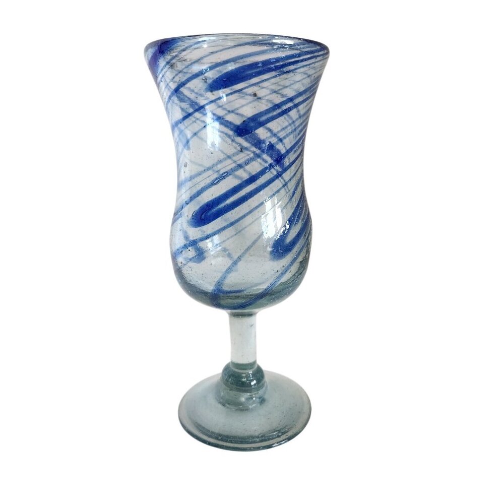 Hand Blown Water Goblet Mexico Blue Swirls